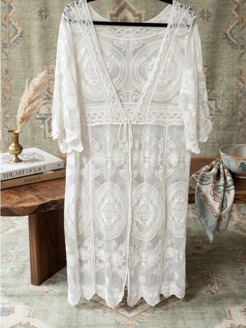 Source Unknown White Lace Crochet Kimono Coverup